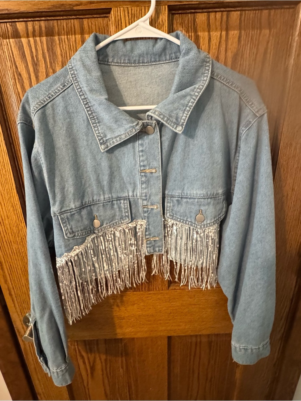 Cropped Light Wash Denim Jacket with Silver Fringe